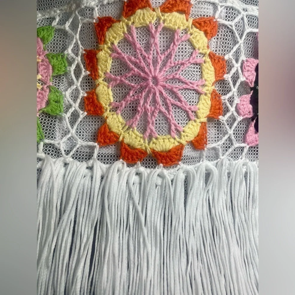 Bohemian Tote Beach Bag Crochet Flower Detail Fringe Tassels Casual Boho Purse